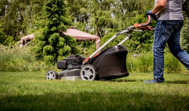 Bahçıvan çimleri biçiyor. Peyzaj tasarımı. Yeşil çimen arkaplanı