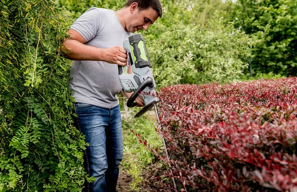 Ένας κηπουρός που κλαδεύει θάμνους με μπορντουροψάλιδο — Φωτογραφία Αρχείου