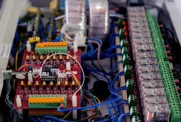 Voltage switchboard with circuit breakers. Electrical background.