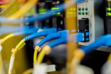 İnternet için bilgisayarları olan sunucu odası. Düğmelere bağlı ağ kabloları.