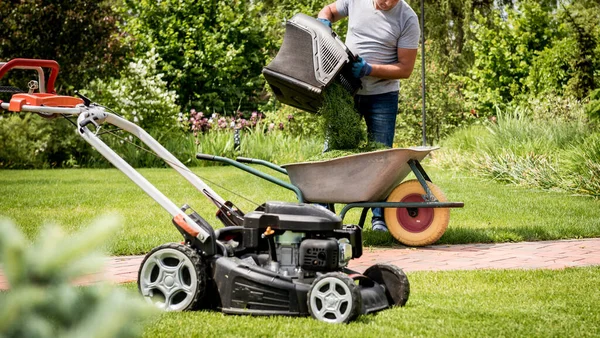 Trädgårdsmästare tömma gräsklippare gräs i en skottkärra efter klippning. — Stockfoto