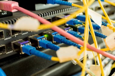 İnternet için bilgisayarları olan sunucu odası. Düğmelere bağlı ağ kabloları.