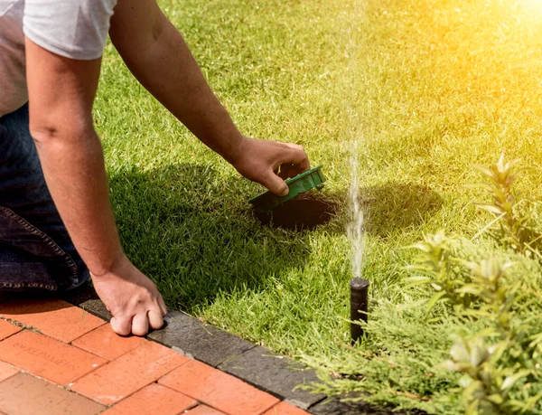 Bevattningssystem vattning trädgård gräsmatta. Landskapsplanering. — Stockfoto