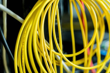 İnternet için bilgisayarları olan sunucu odası. Düğmelere bağlı ağ kabloları.