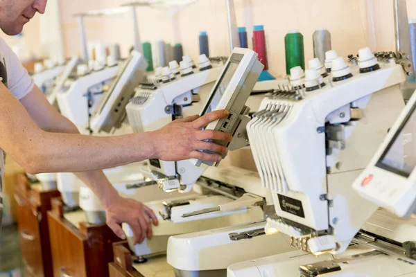 Fabric industry production line. Textile factory. Working tailoring process — Stock Photo, Image