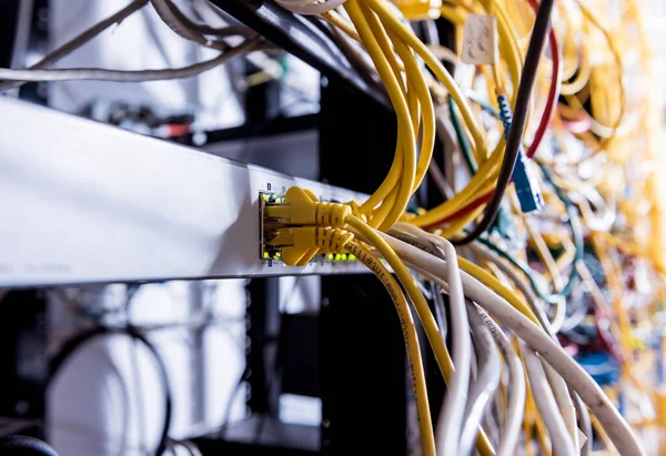 Sala de servidores com computadores para internet. Cabos de rede ligados a comutadores . — Fotografia de Stock