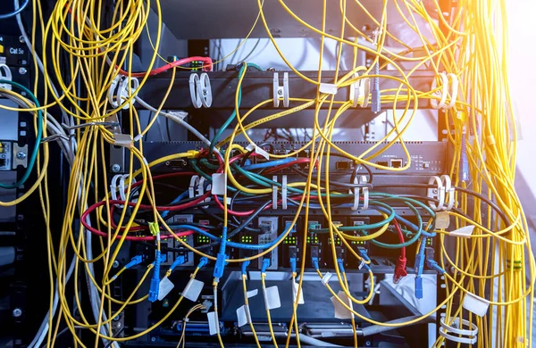 Server room with computers for internet. Network cables connected to switches.