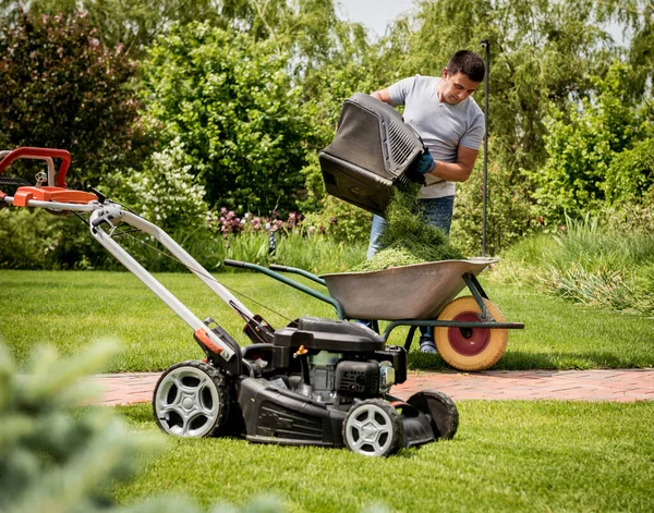 Trädgårdsmästare tömma gräsklippare gräs i en skottkärra efter klippning. — Stockfoto