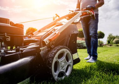 Bahçıvan çimleri biçiyor. Peyzaj tasarımı. Yeşil arkaplan