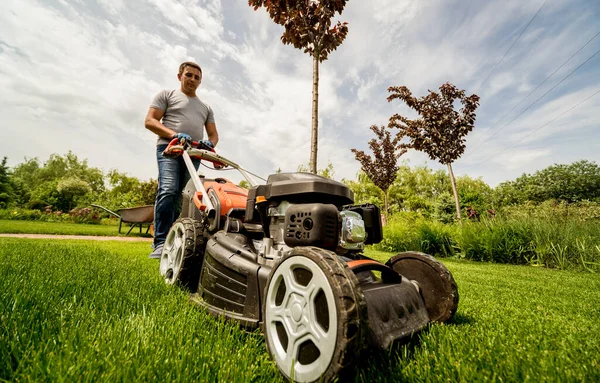 Trädgårdsmästare klipper gräsmattan. Landskapsplanering. Grön bakgrund — Stockfoto