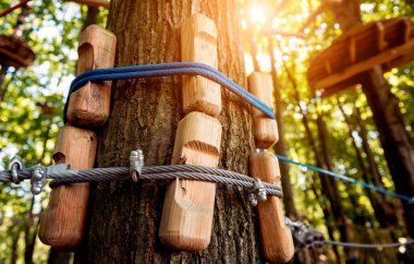 Ormandaki halat parkının ayrıntıları. Macera Yaz Parkı.