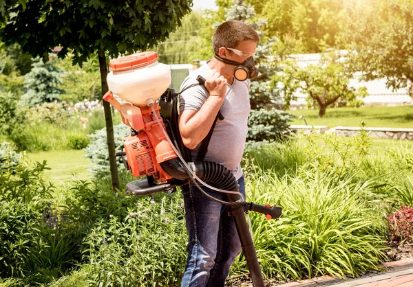 Trädgårdsmästare i skyddsmask och glasögon sprutar giftiga bekämpningsmedel träd — Stockfoto