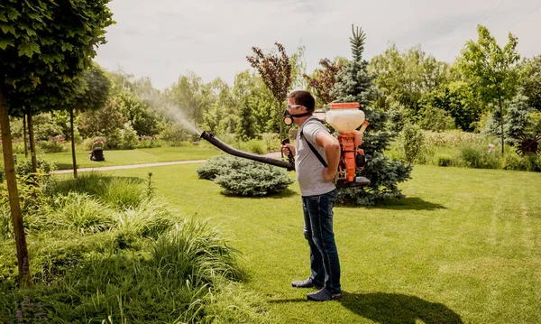 Giardiniere in maschera protettiva e occhiali spruzzando pesticidi tossici alberi — Foto Stock