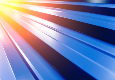 Mavi metalik çatı kiremitleri ve su damlaları.