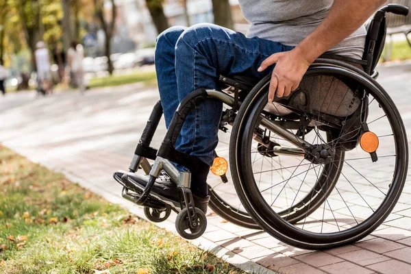 Handicapped man in wheelchair walk at the park alley