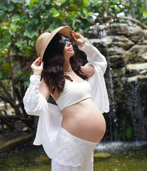 Hamile bir kadın zarif bir şekilde güzel bir şelale kayasının önünde duruyor..