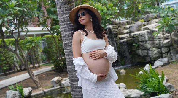 Hamile bir kadın zarif bir şekilde güzel bir şelale kayasının önünde duruyor..