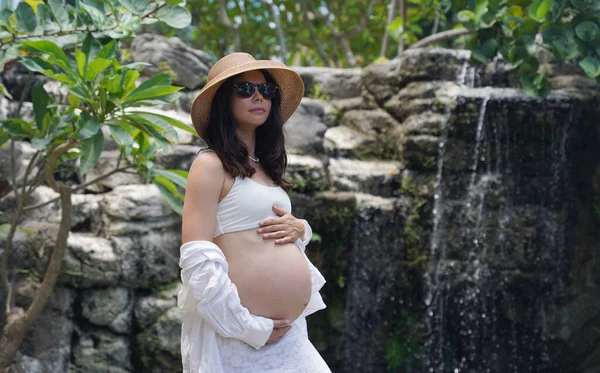 Hamile bir kadın zarif bir şekilde güzel bir şelale kayasının önünde duruyor..