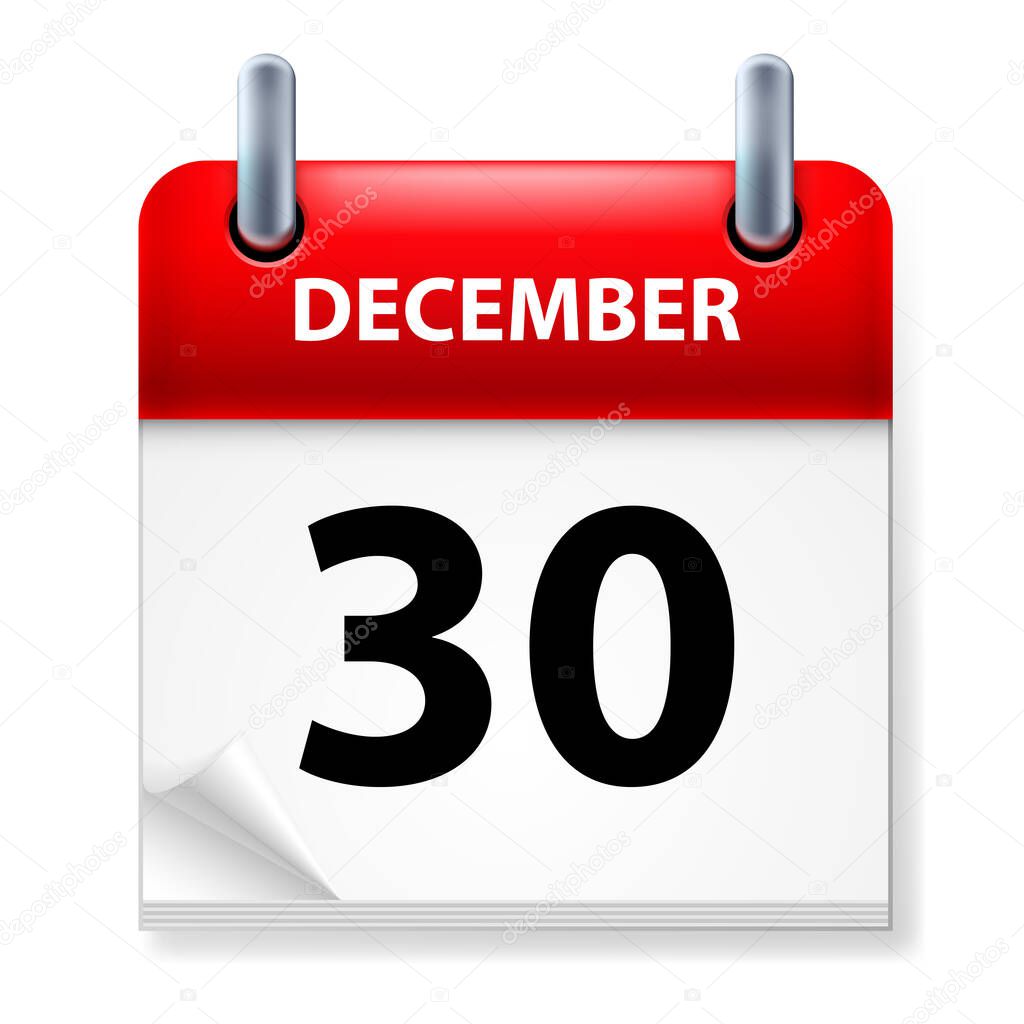 Thirtieth in December Calendar icon on white background
