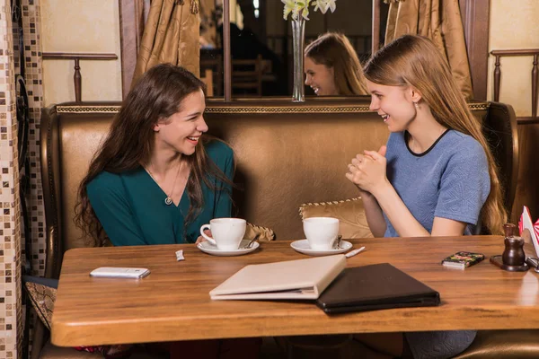 两个快乐的女人喝咖啡在一个舒适的咖啡馆 — 图库照片