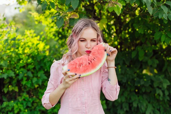 Beautiful Young Woman Pink Hair Enjoying Sweet Juicy Watermelon — Stock Photo, Image