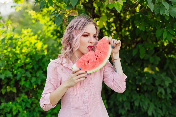 Beautiful Young Woman Pink Hair Enjoying Sweet Juicy Watermelon — Stock Photo, Image