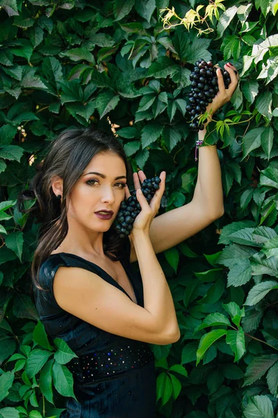 Siyah üzüm ile siyah elbiseli genç seksi esmer portresi. .