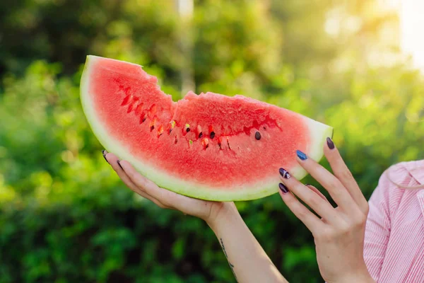 Close Red Juicy Watermelon Woman Hands — Stock Photo, Image