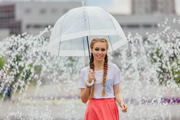 Young Pretty Girl Two Braids Yellow Boots Transparent Umbrella Stands — Stock Photo, Image