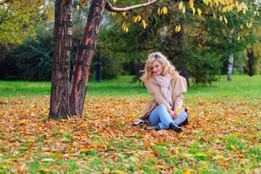 Düşen sarı sonbahar ile zemin örtmek ağacın altında oturan genç güzel kadın bırakır