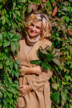 Parkta vahşi üzüm sonbahar buket holding arka plan yanındaki güzel kadın kazak ve ceket durumda Yuong bırakır