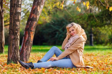 Düşen sarı sonbahar ile zemin örtmek ağacın altında oturan genç güzel kadın bırakır