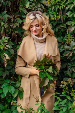 Parkta vahşi üzüm sonbahar buket holding arka plan yanındaki güzel kadın kazak ve ceket durumda Yuong bırakır