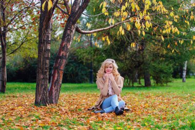 Düşen sarı sonbahar ile zemin örtmek ağacın altında oturan genç güzel kadın bırakır