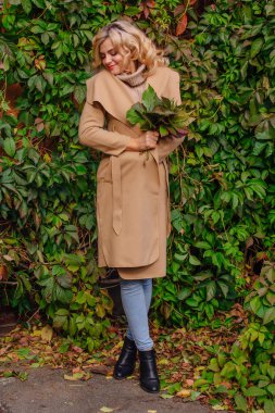 Yabani üzüm parkta buket sonbahar yaprakları holding arka yanındaki genç güzel kadın kazak ve ceket durumda