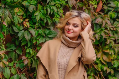 Yabani üzüm parkta buket sonbahar yaprakları holding arka yanındaki genç güzel kadın kazak ve ceket durumda