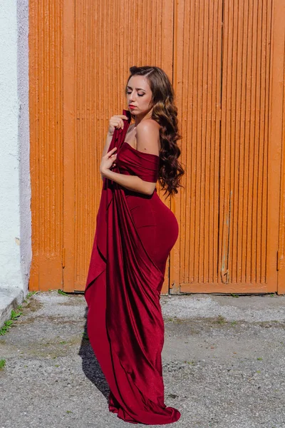 Mulher Bonita Longo Vestido Noite Vermelho Com Trem Lado Porta — Fotografia de Stock