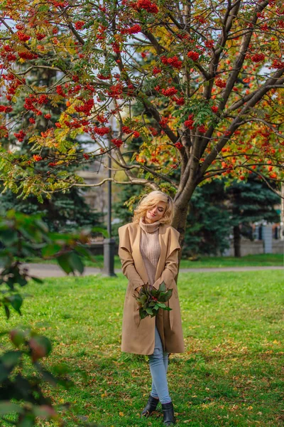 美丽优雅的金发女郎 穿着大衣站在罗恩树下 Rowanberries 和树叶在秋天的公园里 晴朗的10月天 — 图库照片