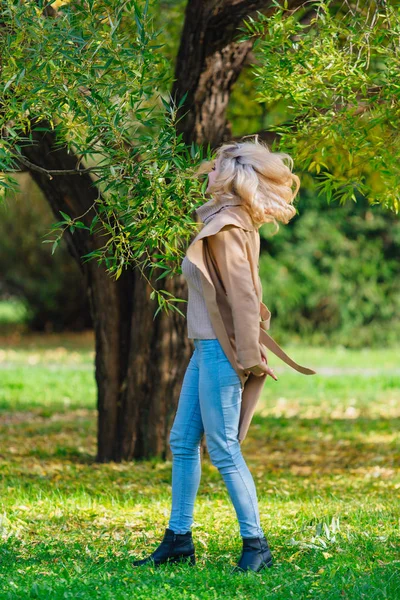 Beautiful Elegant Blonde Woman Dressed Coat Standing Tree Autumn Park — Stock Photo, Image