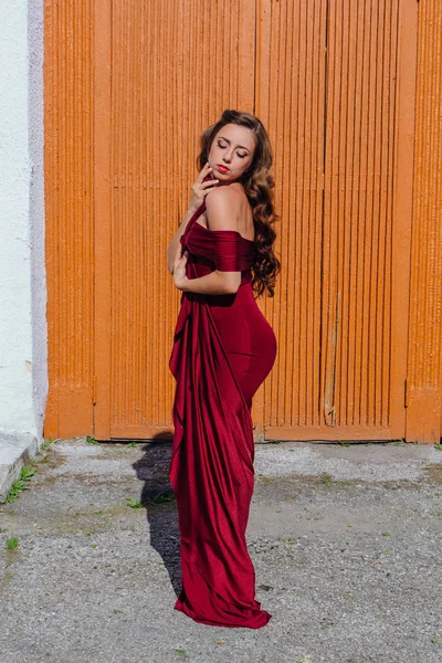 Mulher Bonita Longo Vestido Noite Vermelho Com Trem Lado Porta — Fotografia de Stock