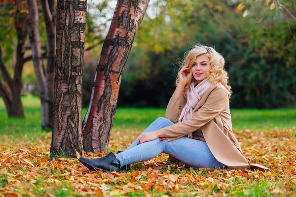 Ung vacker kvinna som sitter på den marken CoverDesigner med fallna hösten lämnar — Stockfoto
