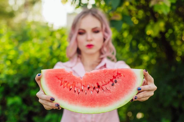 Beautiful Smiling Young Woman Pink Hair Holding Sweet Juicy Watermelon — Stock Photo, Image