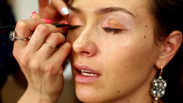 Maquillaje Artista Trabajando Estudio Con Joven Hermosa Mujer — Vídeo de stock