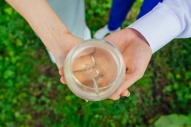 Gelin ve damat gurami balığı ve alyans içinde küçük akvaryum tutan eller.