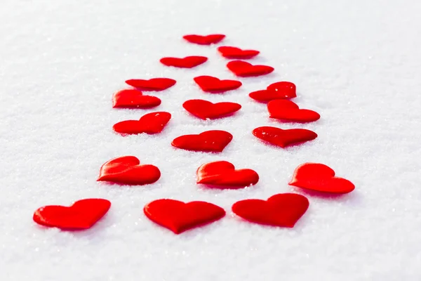 Coeurs Rouges Sur Neige Scintillante Thème Fête Vilentine Symbole Amour — Photo