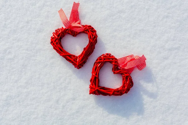 Red Hearts Glittering Snow Vilentine Day Theme Love Symbol Stock Photo