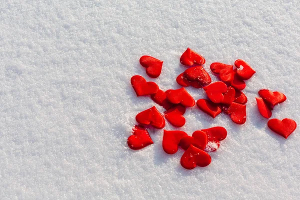 Många Röda Hjärtan Glittrande Snö Vilentine Day Tema Love Symbol — Stockfoto