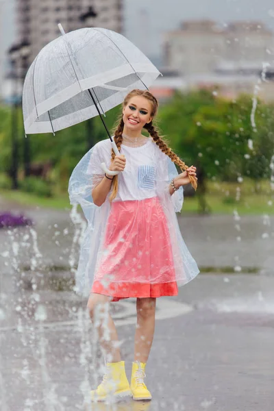 Young Pretty Girl Two Braids Yellow Boots Transparent Umbrella Stands — Stock Photo, Image