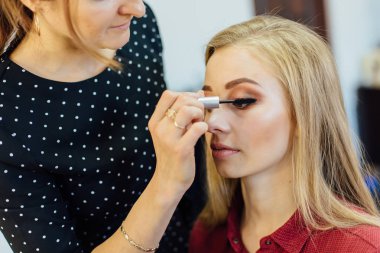 Genç güzel kadın ile Studio çalışma makyaj sanatçısı.