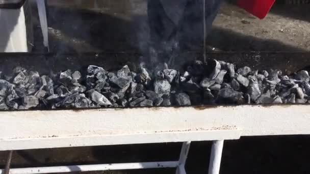 Горящий уголь в гриле для барбекю — стоковое видео